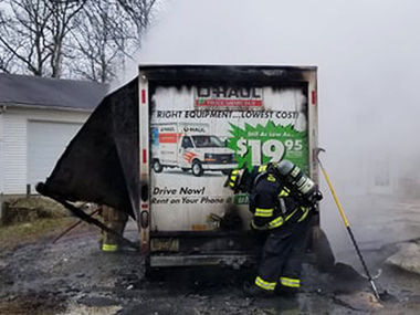 This U-Haul van was destroyed by fire outside a home south of Festus.