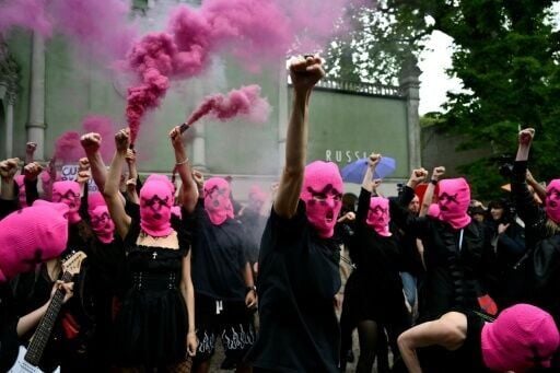 International women's movement FEMEN and Pussy Riot activists stage a protest against the participation of Russia in the Venice Biennale art show, in front of Russian pavilion on May 6, 2026 in Venice.