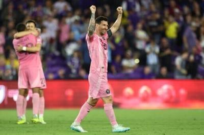 Lionel Messi celebrates after scoring Inter Miami's fourth goal in their come-from-behind 4-2 win over Orlando City in the Florida derby