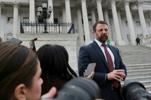 US Senator Markwayne Mullin talks to reporters after President Donald Trump announced his intention to nominate him to be the next Homeland Security chief