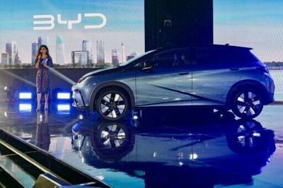Newly launched BYD Dolphin is displayed during the launch of the Chinese-made BYD brand in Jakarta, on January 18, 2024