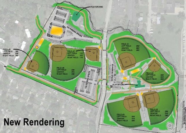 Rendering of newly renovated baseball and softball fields at Lions and Legion parks.