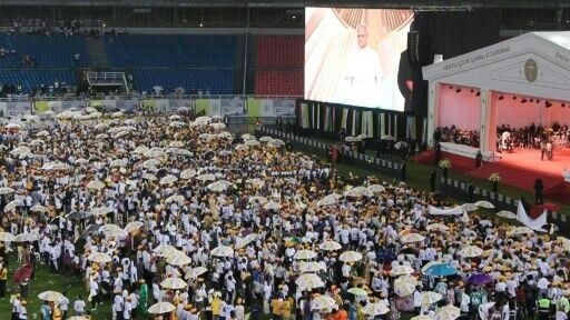 Crowds welcome Pope Leo XIV at Equatorial Guinea's Bata Stadium