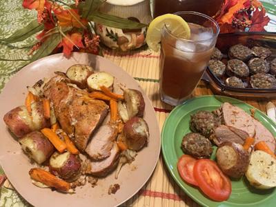 Oven-Roasted Pork ‘N' Vegetables and Bacon and Cheese Stuffed Mushrooms