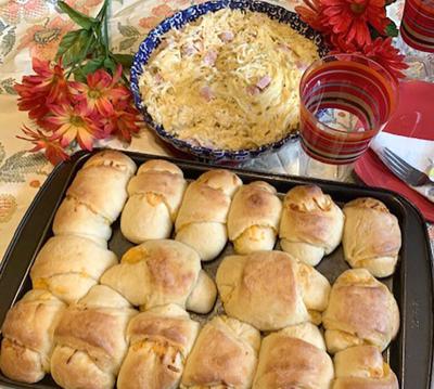 My Leader Yummy: Angel Hair and Ham Alfredo and Cheesy Butterhorn Rolls