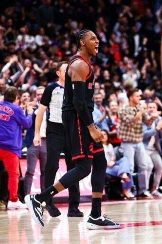 RJ Barrett of the Toronto Raptors reacts the Raptors' win over the Cleveland Cavaliers in game three of their NBA playoff series