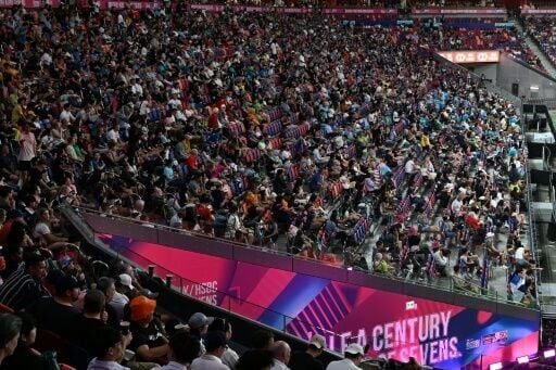 Crowds watch Australia against Britain play on the first day of the 2026 Rugby Sevens Hong Kong tournament at the Kai Tak sports stadium