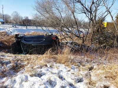 A vehicle overturned along Hwy. 67 after hitting a highway patrol vehicle that was responding to a previous wreck.