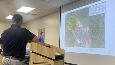 Justin Durham of Hollis and Miller presents the results of a recent community survey on district facilities and a potential levy increase to the Hillsboro R-3 Board of Education on July 23.