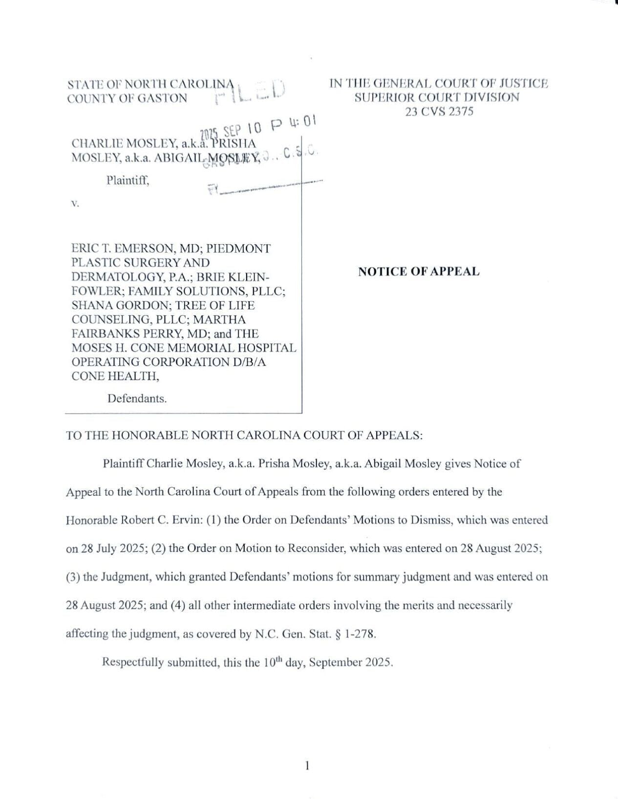 FNF - NC - Lawsuit Mosley v 8 Gaston County Notice Of Appeal