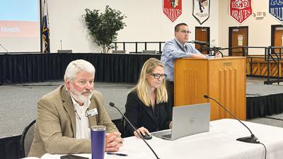 Fox C-6 School District CFO John Stewart, left, incoming CFO Amy Vandevender and Superintendent Paul Fregeau at the May 24 town hall meeting held to discuss Prop I, a proposed property tax increase.