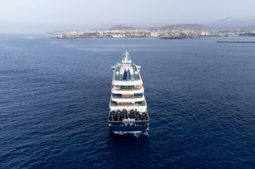 The MV Hondius sailed from Ushuaia in Argentina to Praia in Cape Verde, where it is anchored off the coast