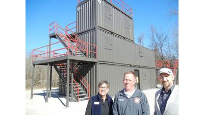 From left are Jan Johnson, Jefferson College associate dean of business, social sciences and public services; Hillsboro Fire Chief Brian Gaudet; and Chris DeGeare, vice president of academic affairs, at the burn building site.