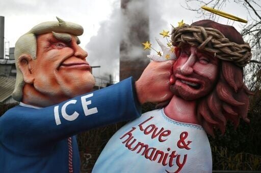 US President Donald Trump (L) features in a German carnival float as a heavy-handed ICE immigration agent