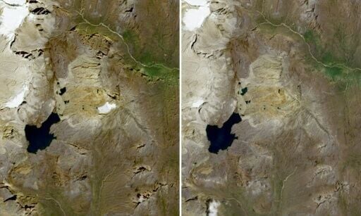 (COMBO) This combination of pictures created on April 16, 2026, shows satellite images obtained from Copernicus Sentinel Data 2026 showing the Cerros de la Plaza glacier (L) with some snow cover on December 28, 2015, and without snow cover in February 2...