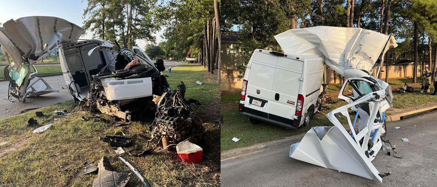Van obliterated in collision with tree; 'peeled open like a tin can ...
