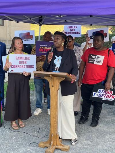 Charlane Oliver leads a press conference outside the Cordell Hull State Office Building, Sept. 21, 2026
