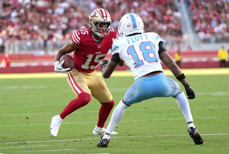 Titans cornerback Cor'Dale Flott against San Francisco WR De'Zhaun Stribling