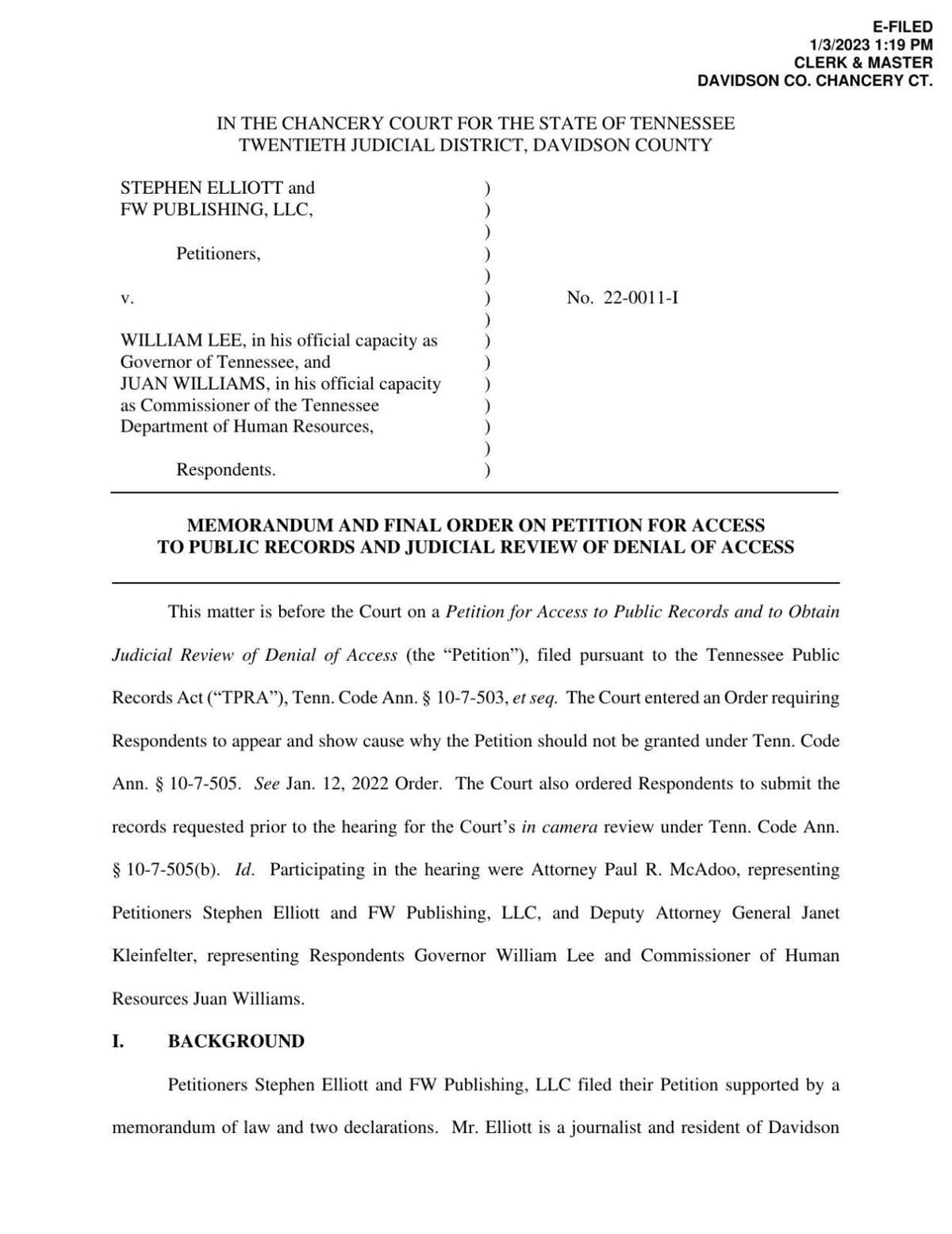 Memorandum and Order on Petition for Access to Public Records