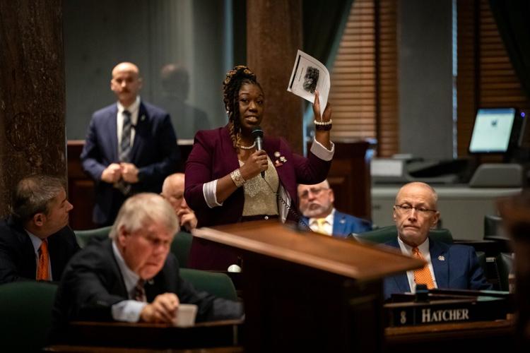Sen. Charlane Oliver holds an account of the 1866 Memphis Massacre on the Senate floor, May 6, 2026