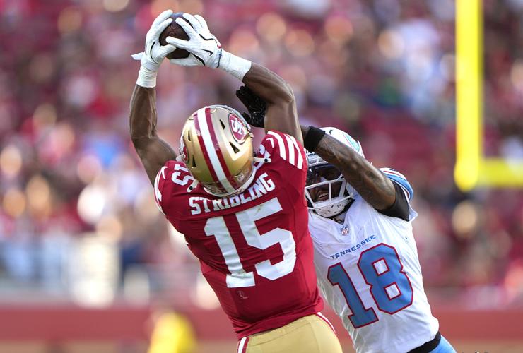 Titans cornerback Cor'Dale Flott battles San Francisco WR De'Zhuan Stribling