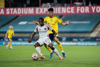 Nashville SC forward Warren Madrigal defends