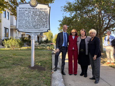 Mayor Freddie O'Connell, Cloreace Eppenger (second from left) and colleagues at the North Branch Library historical marker unveiling, Oct. 23, 2026