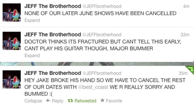 'Breaking' News: JEFF the Brotherhood's Jake Orrall May Have Fractured Hand, Cancels Remainder of Best Coast Tour Dates