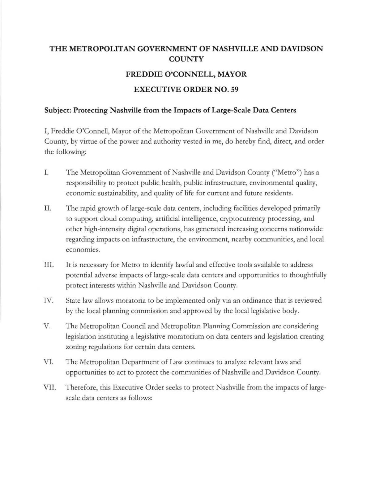 Mayor O'Connell's Data Center Executive Order