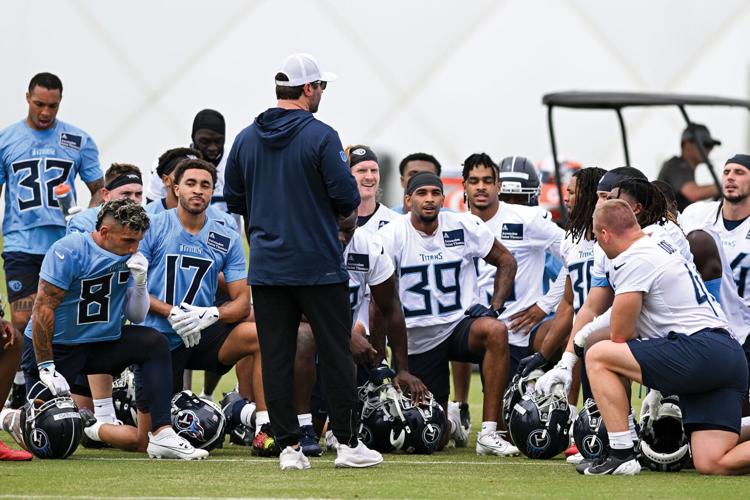 Head coach Brian Callahan speaks to rookies during the Titans’ Rookie Minicamp