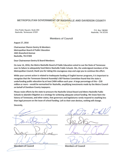 Metro Council Sends Letter of Support For School Board Funding Lawsuit