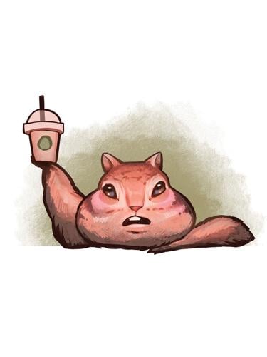 Illustration of a chunky chipmunk holding up a chipmunk version of a pumpkin spice latte.