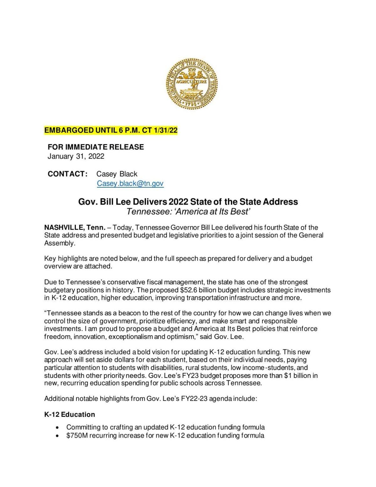 State of the State proposals
