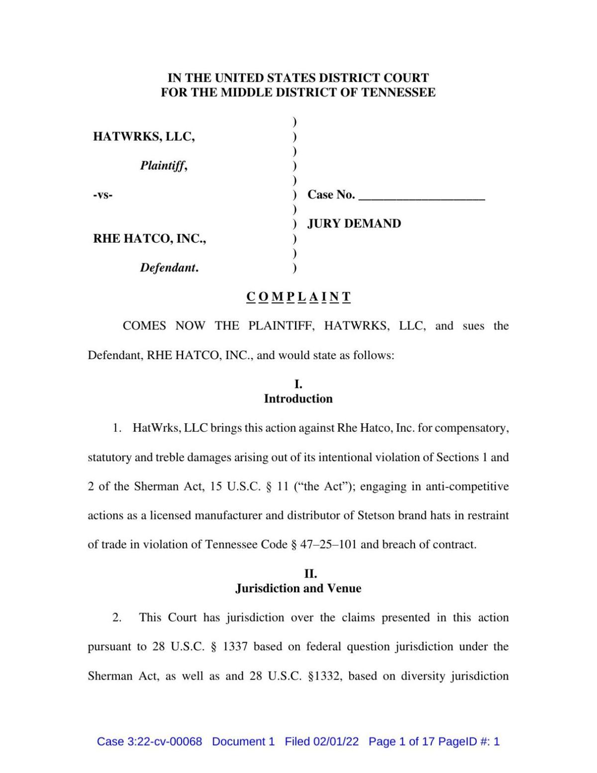 HatWRKS' Stetson lawsuit