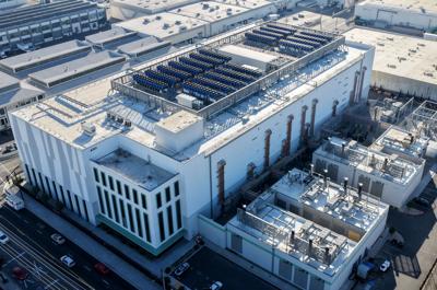 An aerial view of a 33-megawatt data center with closed-loop cooling system on in Vernon, Calif., October 2025