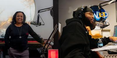 Two different photographs spliced side by side. The first shows a woman standing next to a microphone in front of a circular window, and the second shows a man speaking into a radio microphone bearing the logo of radio station WNXP.