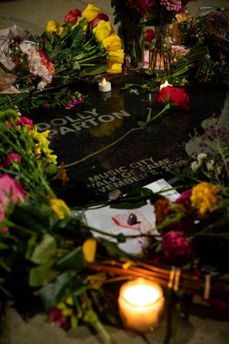 A memorial tribute to Dolly Parton at her star outside the Country Music Hall of Fame and Museum, photographed shortly after her death was announced on Aug. 25, 2026