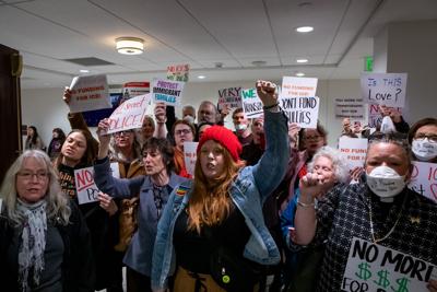 Protesters gather at the state Capitol to demonstrate against the Tennessee Highway Patrol's joint operations with ICE, Feb. 26, 2026