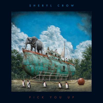 Cover art for Sheryl Crow's 2026 record 'Pick You Up,' featuring visual artist Tyson Grumm's painting 'The Elephant Who Forgot the Ocean.' In the painting, an elephant stands at the prow of a rusty submarine in a dry dock, surrounded by penguins.