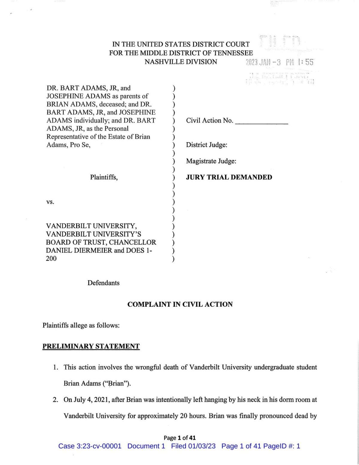 Adams/Vanderbilt Civil Suit