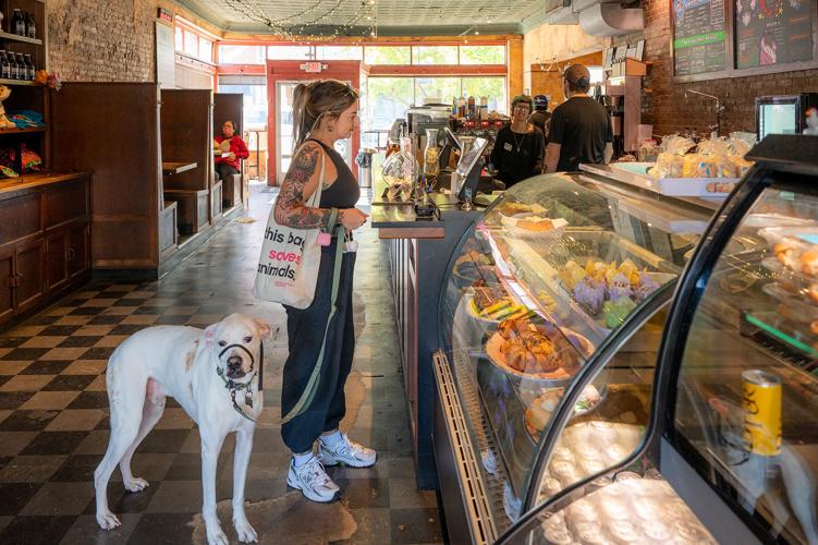 A customer waits with her dog in line at Fido
