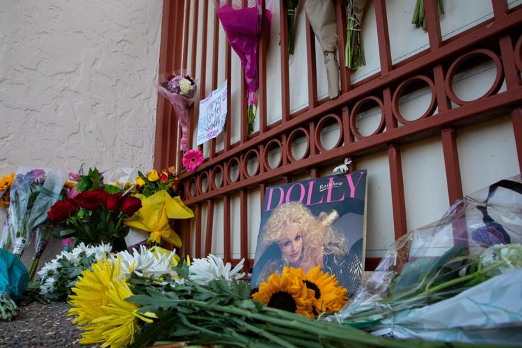 A memorial tribute to Dolly Parton at a property she owned in 12South, photographed shortly after her death was announced on Aug. 25, 2026