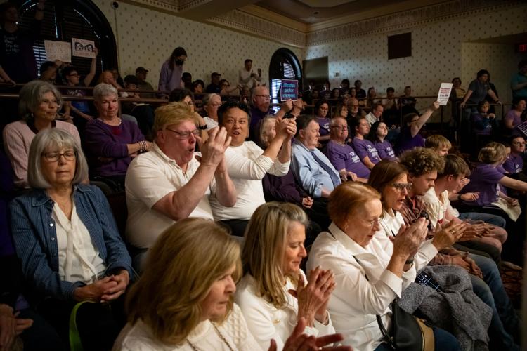 Supporters of Rutherford County Library Board Chair Cody York applaud a public speaker, March 30, 2026
