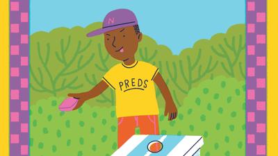An illustration of a child wearing a Nashville Sounds hat and Nashville Preds shirt playing cornhole.