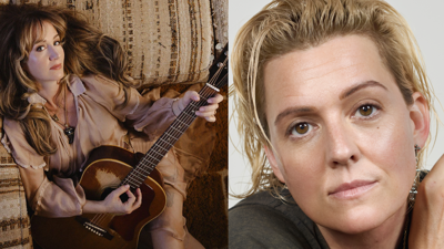 Composite image of press photos featuring Margo Price playing guitar seated on the floor by a brown striped couch and a close-up portrait of Brandi Carlile against a white background