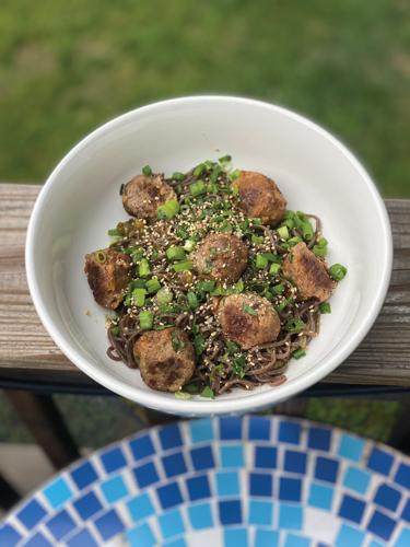 Chile sesame noodles with spicy meatballs