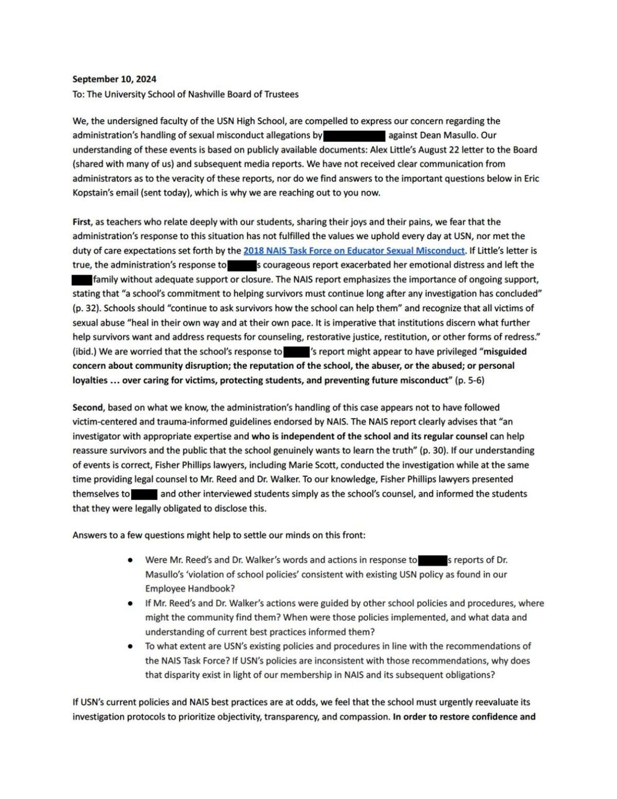 Letter From USN Faculty to Board of Trustees
