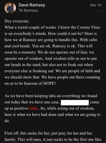 Dave Ramsey Keeps Offices Open After Staffer Tests Positive for COVID-19