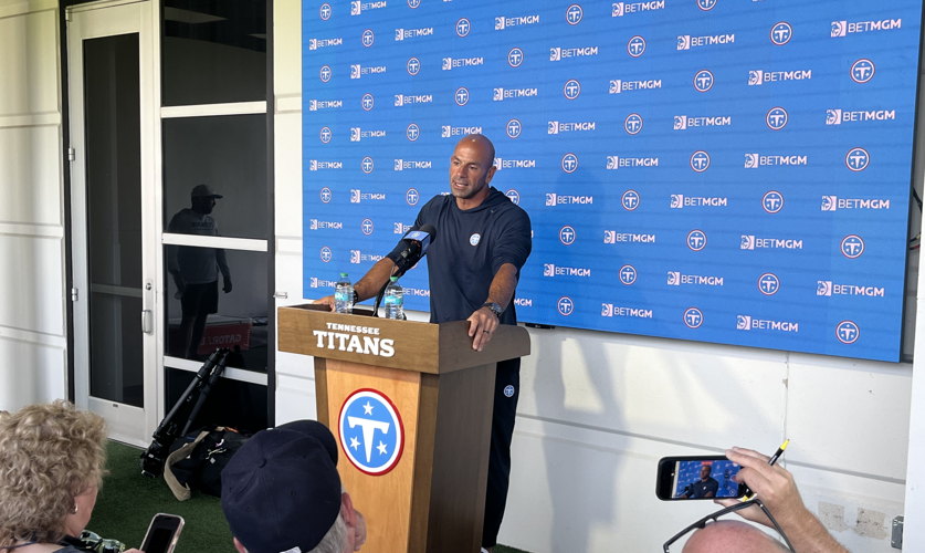 Titans coach Robert Saleh addresses reporters, July 30, 2026