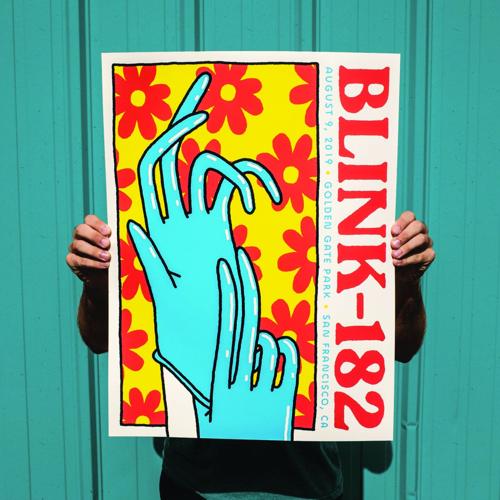 A person obscures their face by holding up a poster. The illustration displays a pair of hands putting on blue latex gloves against a yellow backdrop decorated with red flowers, and along the side it reads "Blink-182"
